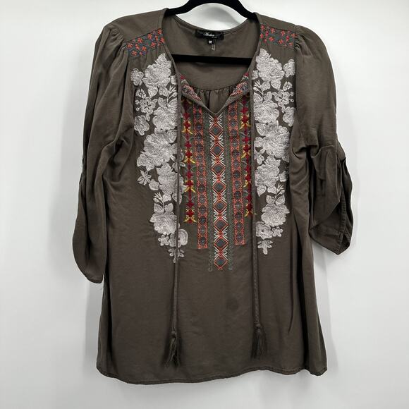 Andrée by Unit Tunic Top Womens Medium Embroidered Boho Peasant Floral Tassel - Picture 1 of 8